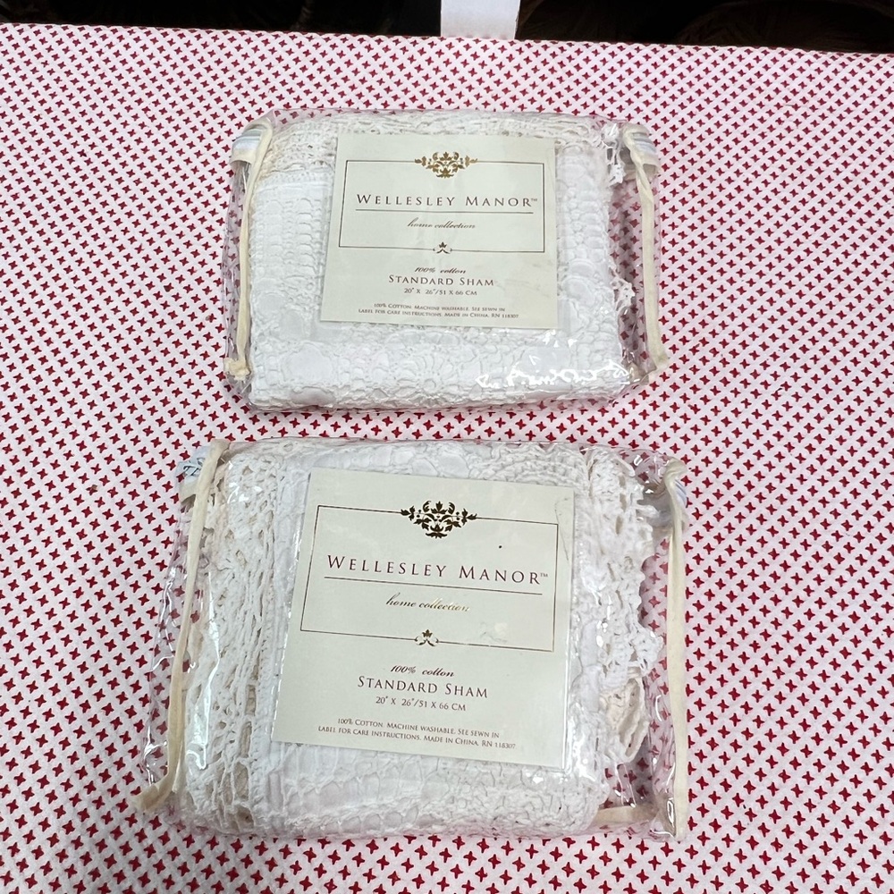 Wellesley manor pillow shams new white crocheted cotton